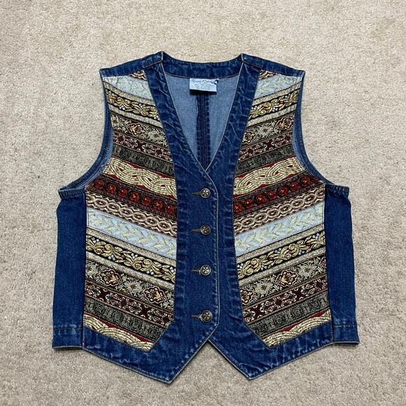 Vintage Pierre Cardin Embroidered Denim Vest Large - Picture 1 of 5